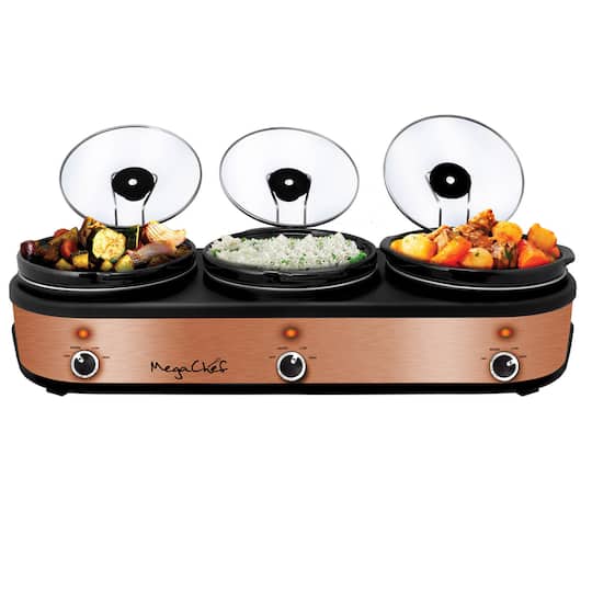 MegaChef; MegaChef Triple 2.5qt. Brushed Copper Slow Cooker and Buffet Server; Category:Small Kitchen Appliances; Image:1